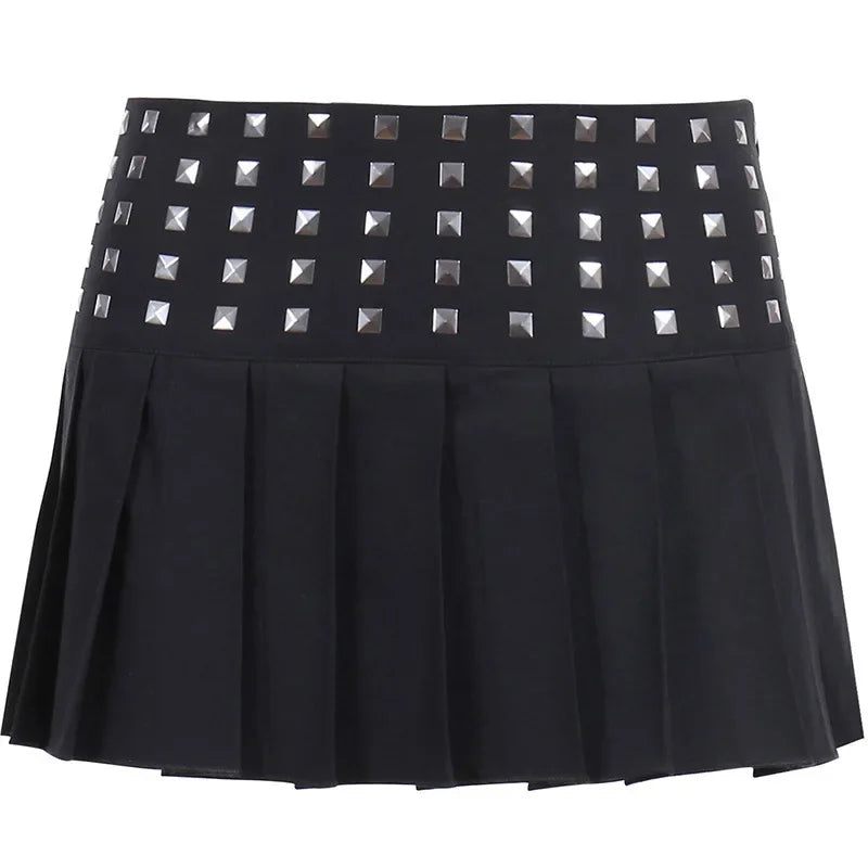 Sexy Gothic Punk Black Studded Pleated Mini Skirt