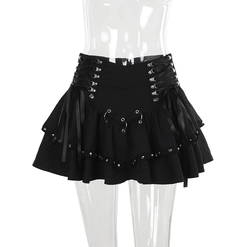 Gothic Punk Black Lace up Layered Rara Mini Skirt