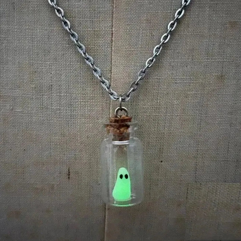 The Adopt A Ghost Necklace, Glow-In-The-Dark Halloween Necklace, Tiny Ghost in A Bottle Pendant Necklace