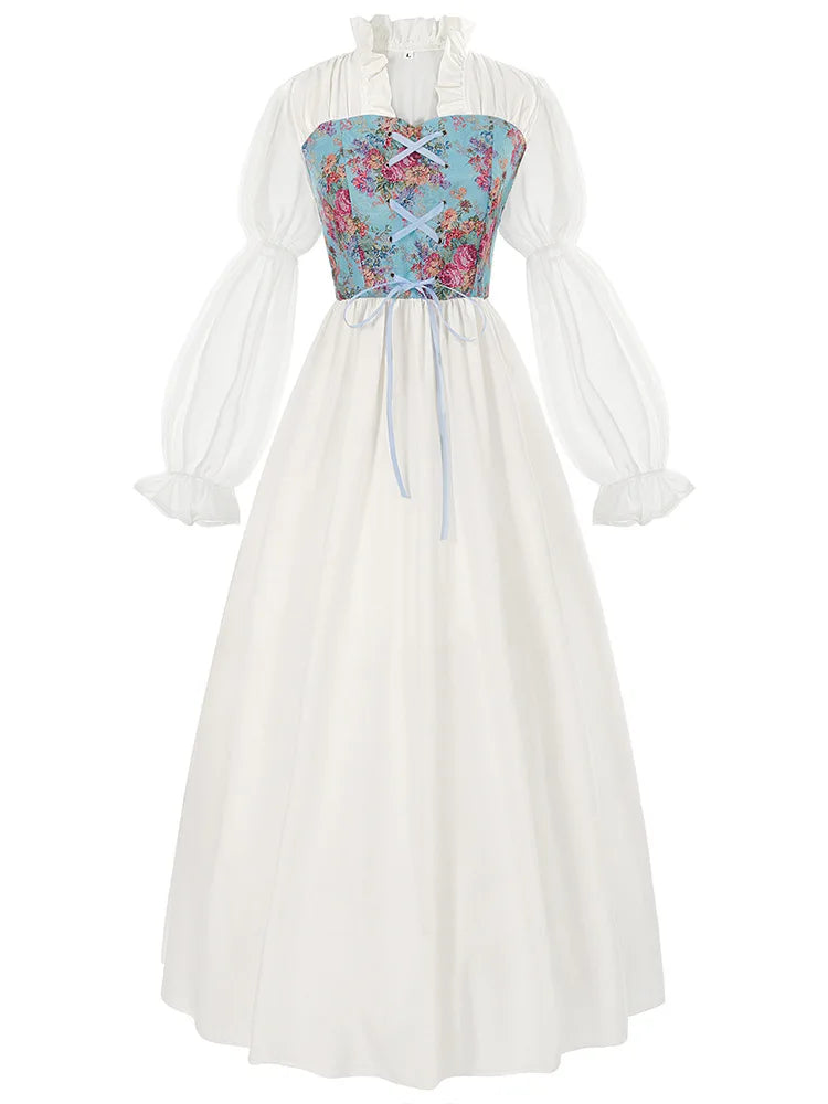 Medieval Renaissance Pirate Maid Elegant Floral Maxi Dress