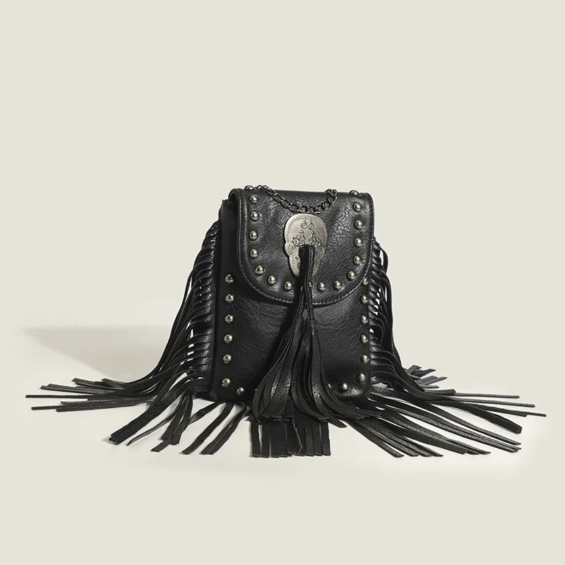 Boho Hippie Punk Skull Tassel Riveted Leather Shoulder Bag Handbag