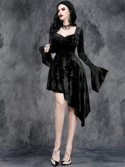 Gothic Black Velvet Occasion Dress Halloween Gown