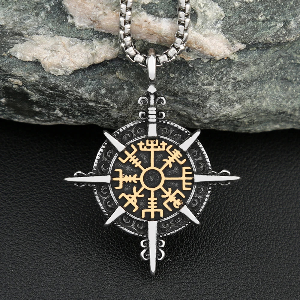 Vintage Viking Vegvisir Compass Pendant Necklaces For Men Stainless Steel Nordic Amulet Necklace