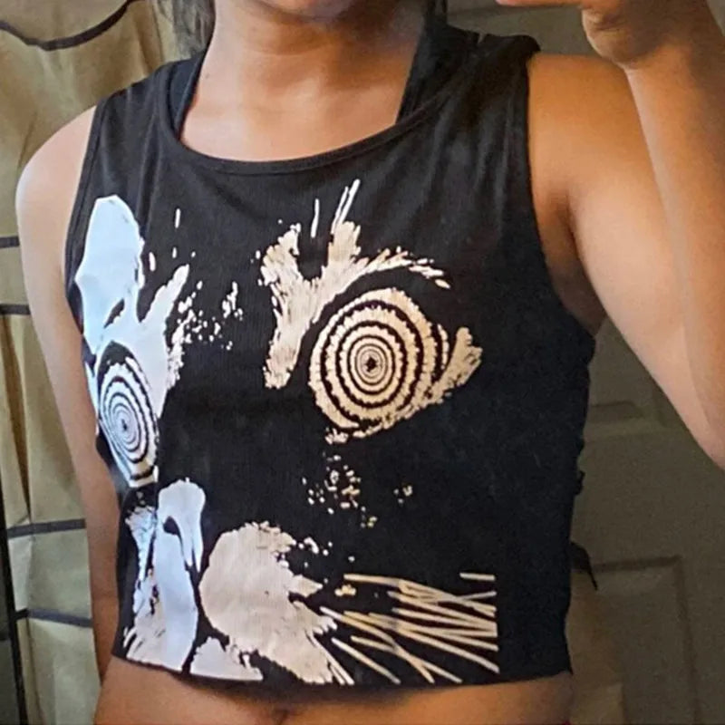Cute Grunge Black Gothic Cat Kawaii Crop Tank Top Vest TShirt