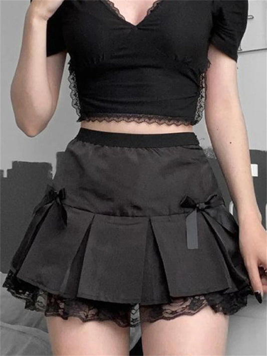 Sexy Gothic Black Pleated Hipster Lace Mini Skirt